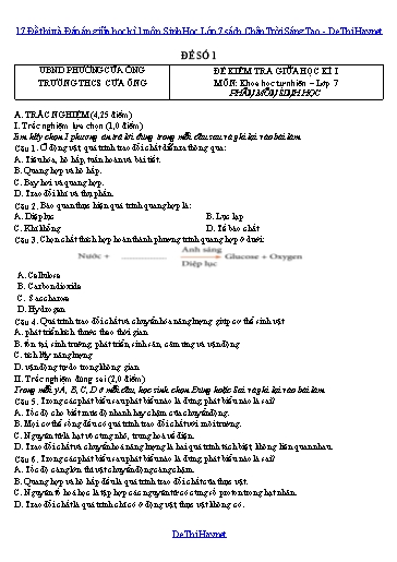 17 Đề thi và Đáp án giữa học kì 1 môn Sinh Học Lớp 7 sách Chân Trời Sáng Tạo