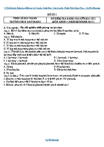 17 Đề thi và Đáp án giữa học kì 1 môn Sinh Học Lớp 9 sách Chân Trời Sáng Tạo