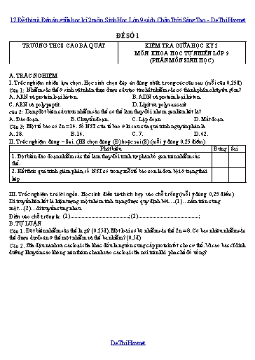 17 Đề thi và Đáp án giữa học kì 2 môn Sinh Học Lớp 9 sách Chân Trời Sáng Tạo