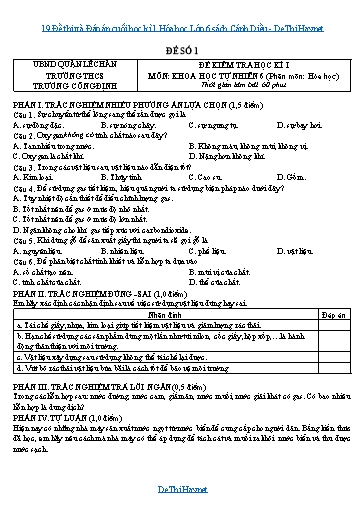 19 Đề thi và Đáp án cuối học kì 1 Hóa học Lớp 6 sách Cánh Diều