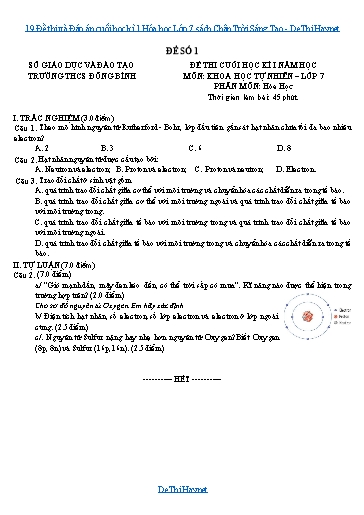 19 Đề thi và Đáp án cuối học kì 1 Hóa học Lớp 7 sách Chân Trời Sáng Tạo