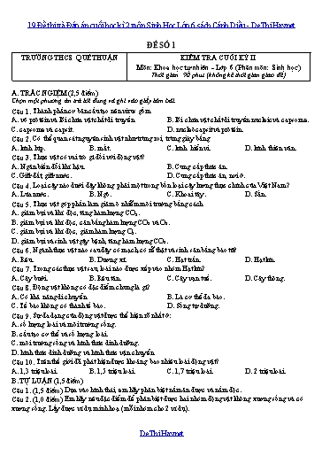 19 Đề thi và Đáp án cuối học kì 2 môn Sinh Học Lớp 6 sách Cánh Diều