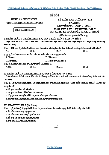 19 Đề thi và Đáp án giữa học kì 1 Hóa học Lớp 7 sách Chân Trời Sáng Tạo