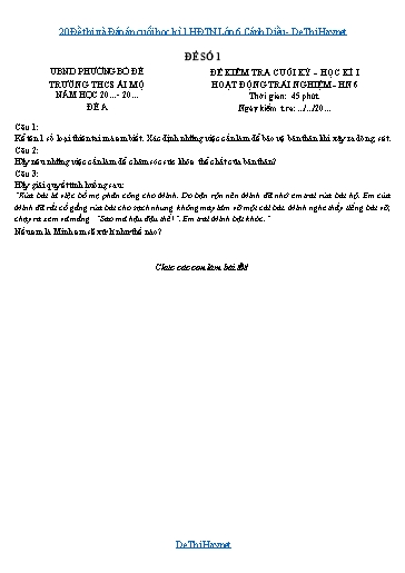 20 Đề thi và Đáp án cuối học kì 1 HĐTN Lớp 6 Cánh Diều