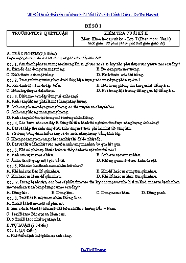 20 Đề thi và Đáp án cuối học kì 2 Vật lí 7 sách Cánh Diều