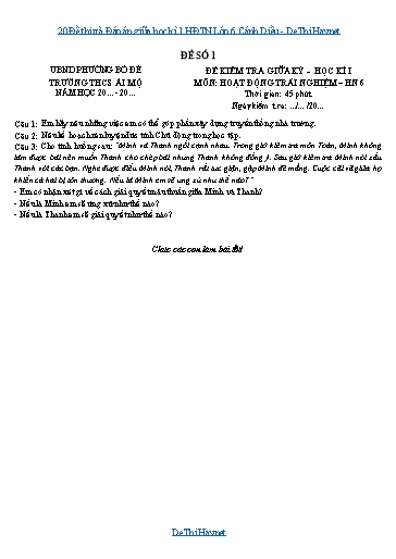 20 Đề thi và Đáp án giữa học kì 1 HĐTN Lớp 6 Cánh Diều