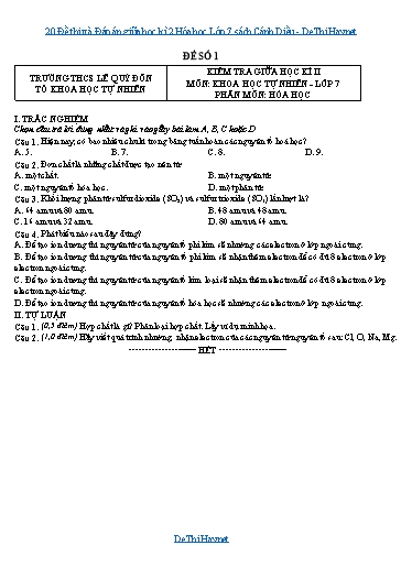 20 Đề thi và Đáp án giữa học kì 2 Hóa học Lớp 7 sách Cánh Diều