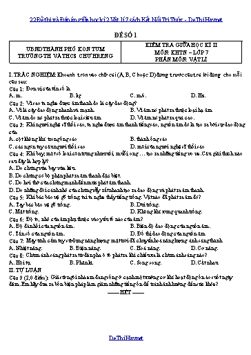 22 Đề thi và Đáp án giữa học kì 2 Vật lí 7 sách Kết Nối Tri Thức