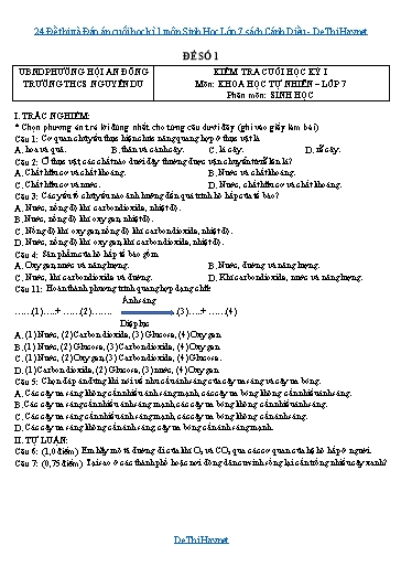 24 Đề thi và Đáp án cuối học kì 1 môn Sinh Học Lớp 7 sách Cánh Diều