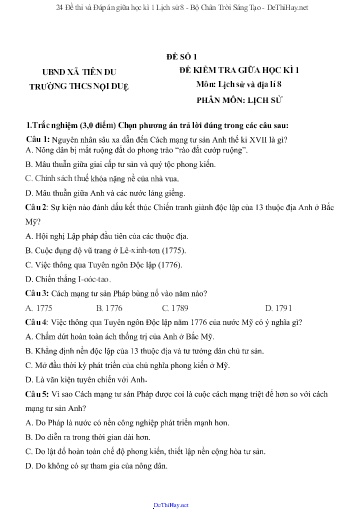 24 Đề thi và Đáp án giữa học kì 1 Lịch sử 8 - Bộ Chân Trời Sáng Tạo