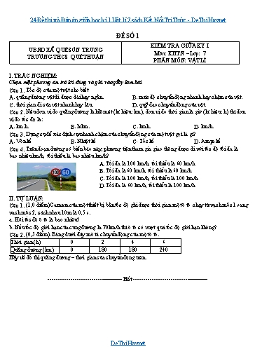 24 Đề thi và Đáp án giữa học kì 1 Vật lí 7 sách Kết Nối Tri Thức