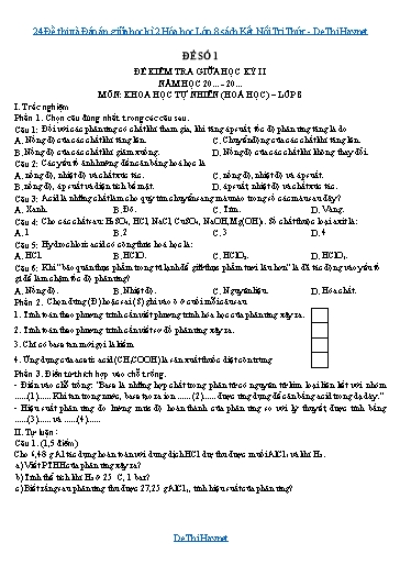 24 Đề thi và Đáp án giữa học kì 2 Hóa học Lớp 8 sách Kết Nối Tri Thức