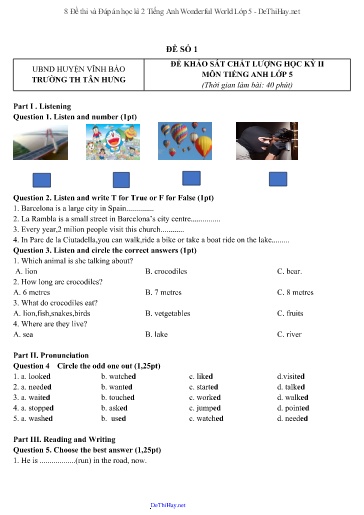 8 Đề thi và Đáp án học kì 2 Tiếng Anh Wonderful World Lớp 5