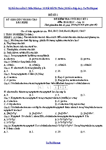 Bộ Đề thi cuối kì 1 Môn Hóa học 10 Kết Nối Tri Thức (18 Đề + Đáp án)