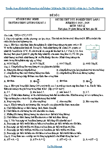 Tuyển chọn đề thi thử Trung học phổ thông 2026 môn Vật lí (20 Đề + Đáp án)