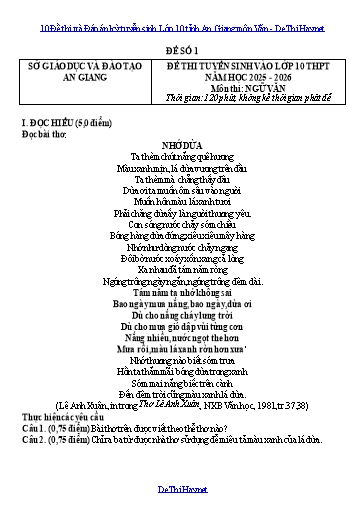 10 Đề thi và Đáp án kỳ tuyển sinh Lớp 10 tỉnh An Giang môn Văn