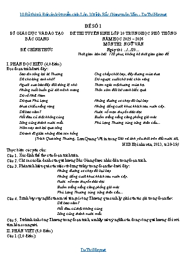 10 Đề thi và Đáp án kỳ tuyển sinh Lớp 10 tỉnh Bắc Giang môn Văn