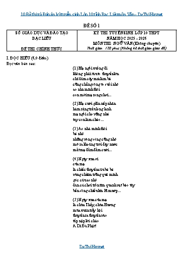 10 Đề thi và Đáp án kỳ tuyển sinh Lớp 10 tỉnh Bạc Liêu môn Văn