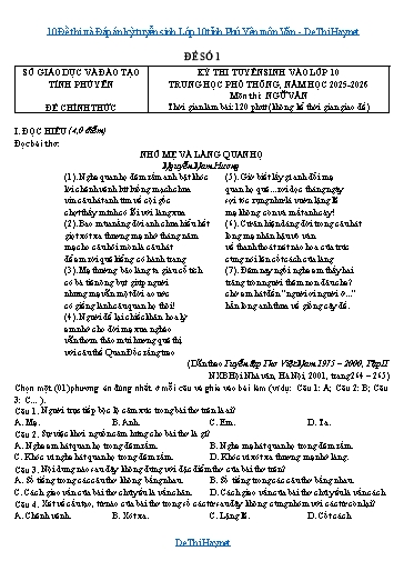 10 Đề thi và Đáp án kỳ tuyển sinh Lớp 10 tỉnh Phú Yên môn Văn