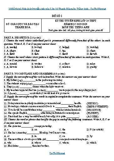 10 Đề thi và Đáp án kỳ tuyển sinh vào Lớp 10 Thanh Hóa môn Tiếng Anh