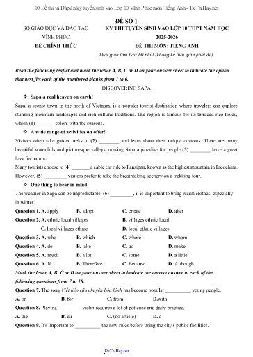 10 Đề thi và Đáp án kỳ tuyển sinh vào Lớp 10 Vĩnh Phúc môn Tiếng Anh