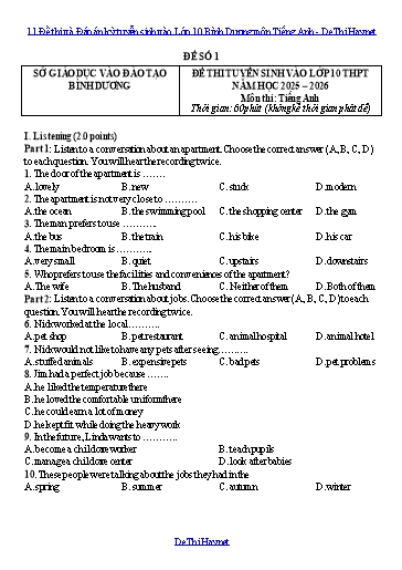 11 Đề thi và Đáp án kỳ tuyển sinh vào Lớp 10 Bình Dương môn Tiếng Anh