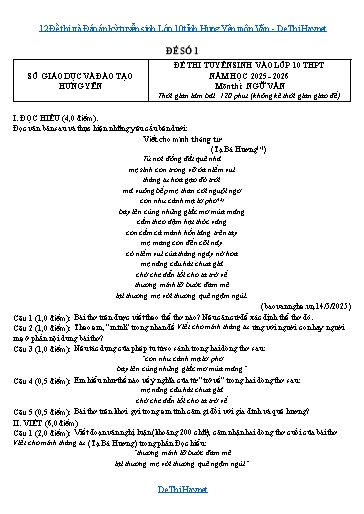 12 Đề thi và Đáp án kỳ tuyển sinh Lớp 10 tỉnh Hưng Yên môn Văn