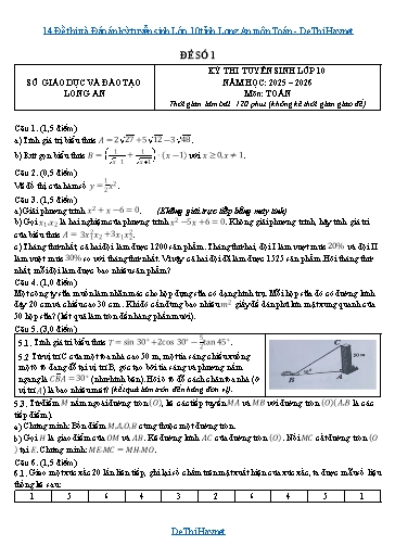 14 Đề thi và Đáp án kỳ tuyển sinh Lớp 10 tỉnh Long An môn Toán