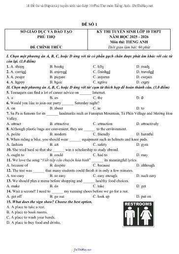 14 Đề thi và Đáp án kỳ tuyển sinh vào Lớp 10 Phú Thọ môn Tiếng Anh