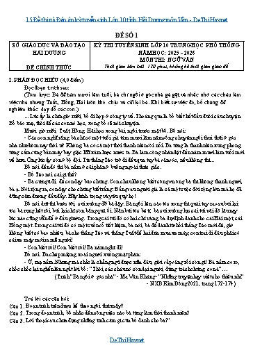 15 Đề thi và Đáp án kỳ tuyển sinh Lớp 10 tỉnh Hải Dương môn Văn