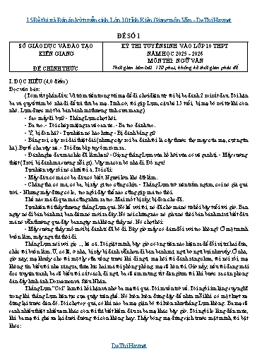15 Đề thi và Đáp án kỳ tuyển sinh Lớp 10 tỉnh Kiên Giang môn Văn