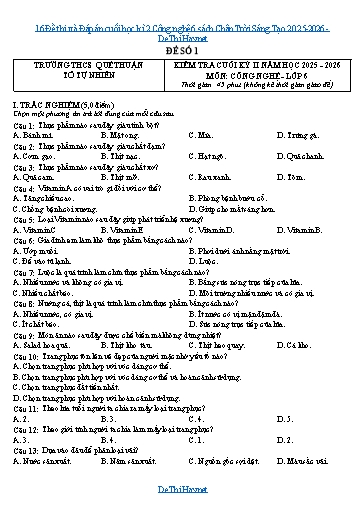 16 Đề thi và Đáp án cuối học kì 2 Công nghệ 6 sách Chân Trời Sáng Tạo 2025-2026