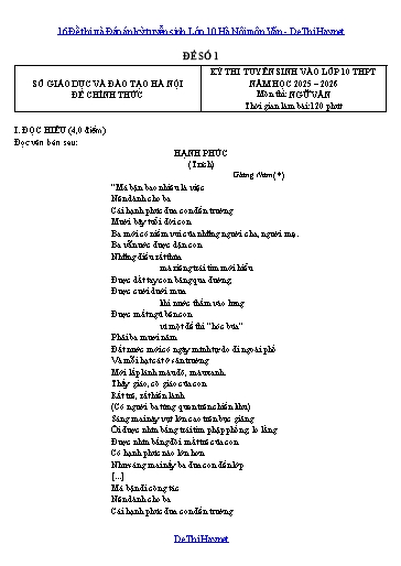 16 Đề thi và Đáp án kỳ tuyển sinh Lớp 10 Hà Nội môn Văn