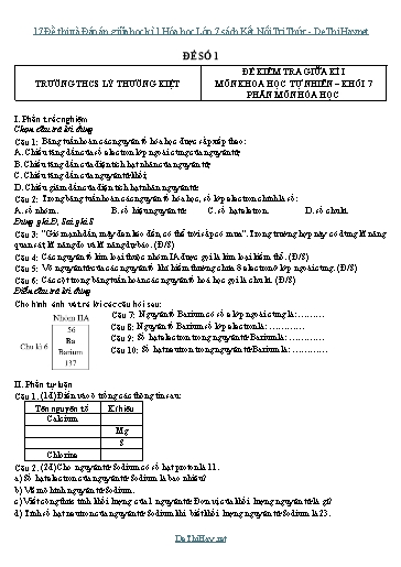 17 Đề thi và Đáp án giữa học kì 1 Hóa học Lớp 7 sách Kết Nối Tri Thức