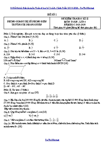 18 Đề thi và Đáp án môn Toán 4 học kì 2 sách Cánh Diều 2025-2026
