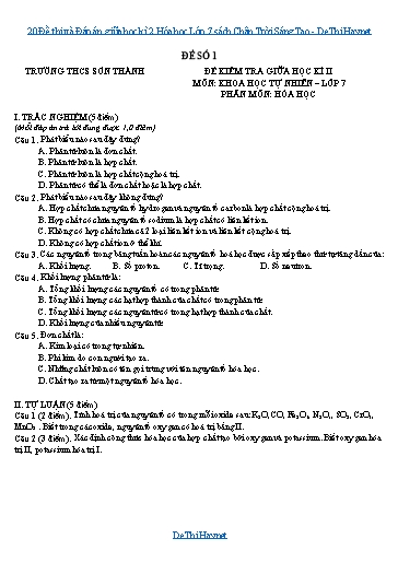 20 Đề thi và Đáp án giữa học kì 2 Hóa học Lớp 7 sách Chân Trời Sáng Tạo