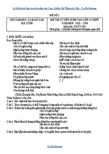 20 Đề thi và Đáp án kỳ tuyển sinh Lớp 10 tỉnh Hà Tĩnh môn Văn