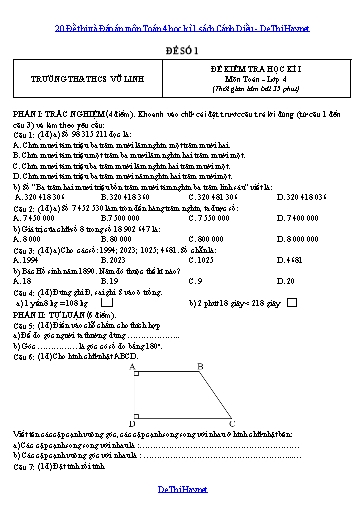 20 Đề thi và Đáp án môn Toán 4 học kì 1 sách Cánh Diều