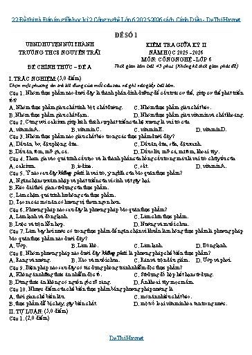 22 Đề thi và Đáp án giữa học kì 2 Công nghệ Lớp 6 2025-2026 sách Cánh Diều