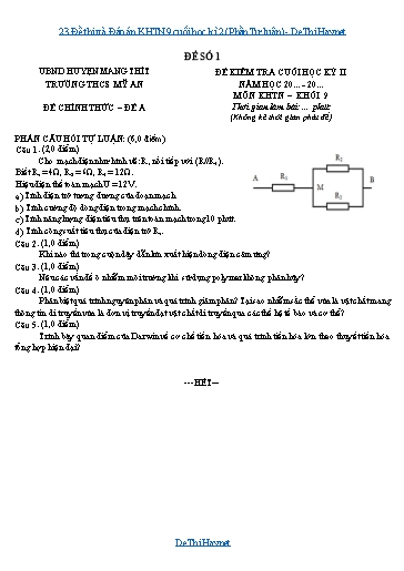 23 Đề thi và Đáp án KHTN 9 cuối học kì 2 (Phần Tự luận)