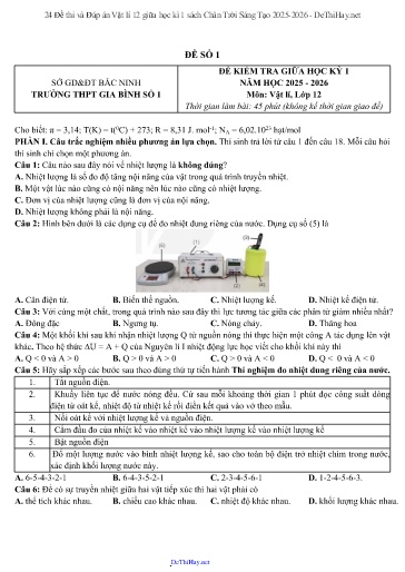24 Đề thi và Đáp án Vật lí 12 giữa học kì 1 sách Chân Trời Sáng Tạo 2025-2026