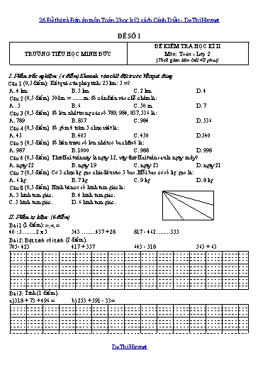 26 Đề thi và Đáp án môn Toán 2 học kì 2 sách Cánh Diều