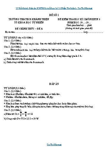 27 Đề thi và Đáp án KHTN 9 cuối học kì 1 (Phần Tự luận)