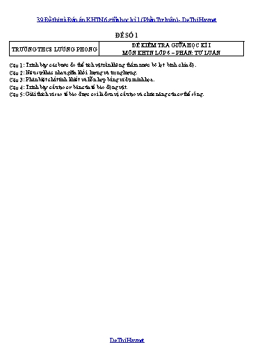 39 Đề thi và Đáp án KHTN 6 giữa học kì 1 (Phần Tự luận)