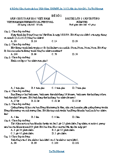 4 Đề thi Sân chơi toán học Việt Nam VNMF Lớp 2 (Có đáp án chi tiết)