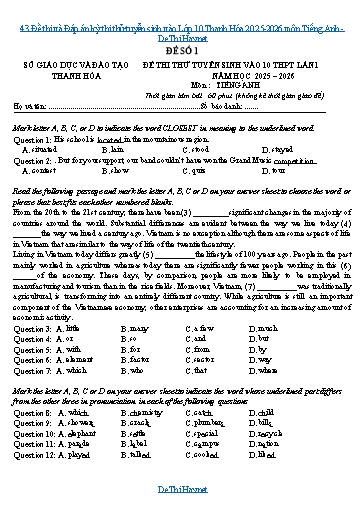 43 Đề thi và Đáp án kỳ thi thử tuyển sinh vào Lớp 10 Thanh Hóa 2025-2026 môn Tiếng Anh