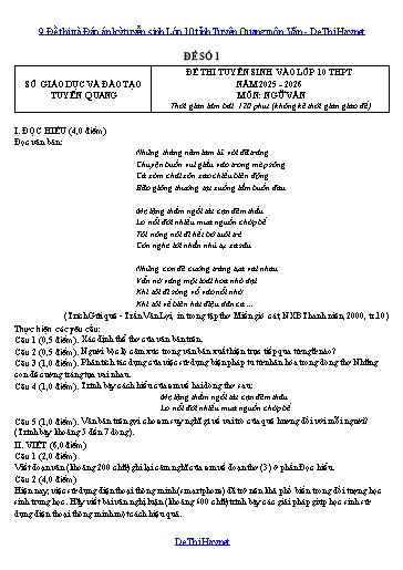 9 Đề thi và Đáp án kỳ tuyển sinh Lớp 10 tỉnh Tuyên Quang môn Văn