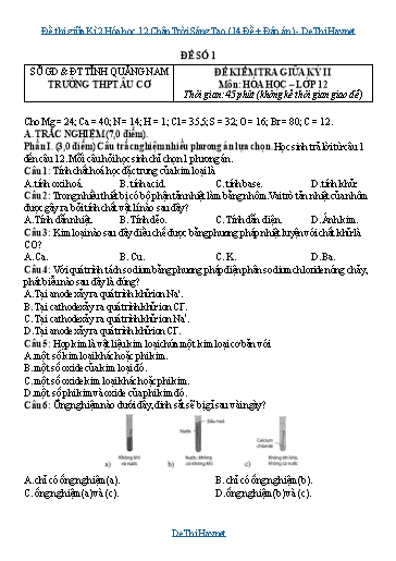 Đề thi giữa Kì 2 Hóa học 12 Chân Trời Sáng Tạo (14 Đề + Đáp án)