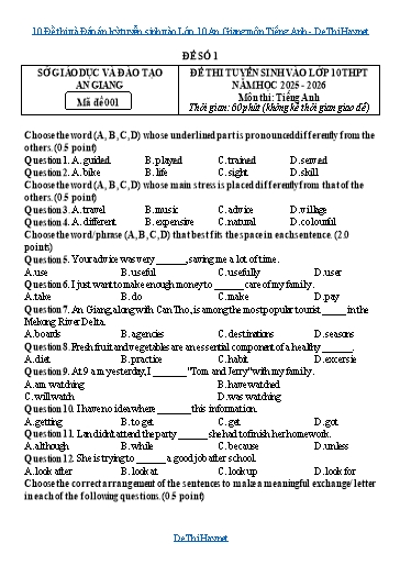 10 Đề thi và Đáp án kỳ tuyển sinh vào Lớp 10 An Giang môn Tiếng Anh