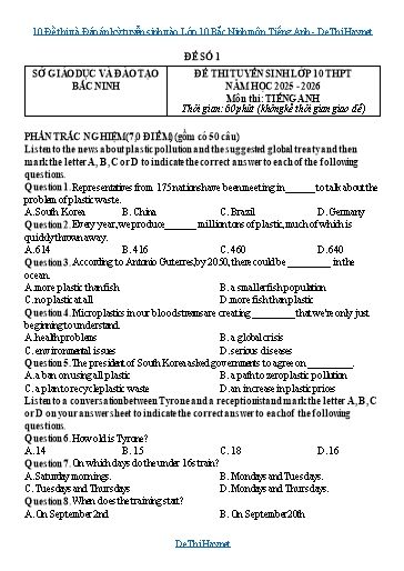 10 Đề thi và Đáp án kỳ tuyển sinh vào Lớp 10 Bắc Ninh môn Tiếng Anh